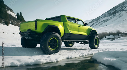 Obraz na płótnie Modern green off road vehicle driving trough snow on mountain at winter, auto adventure concept, automotive background, action wallpaper w salonie
