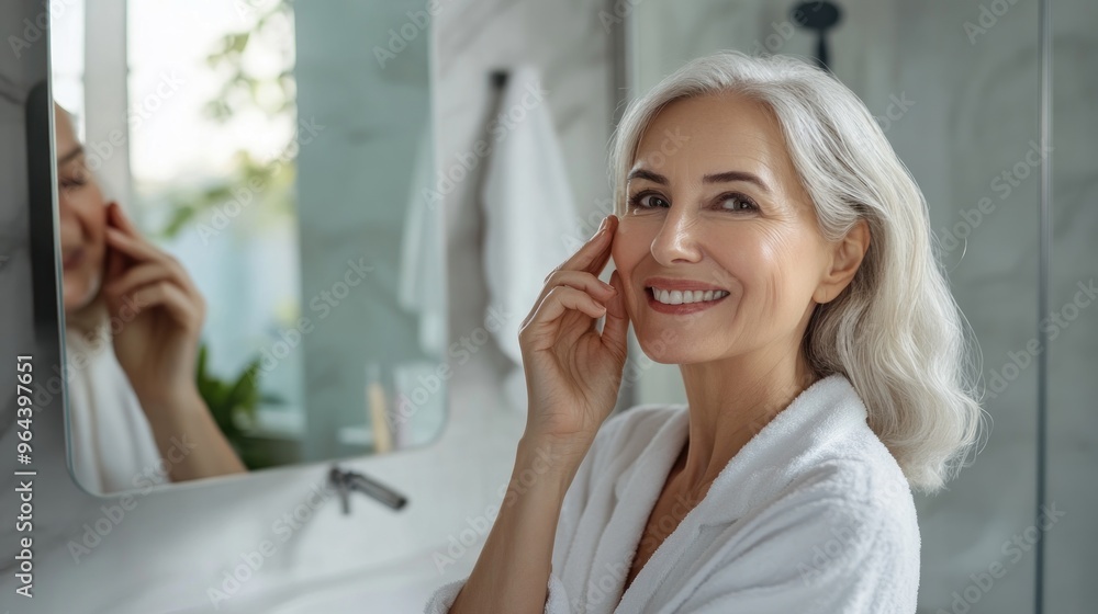 Woman in Bathroom Smiling at the Mirror Woman in Bathroom Smiling at the Mirror