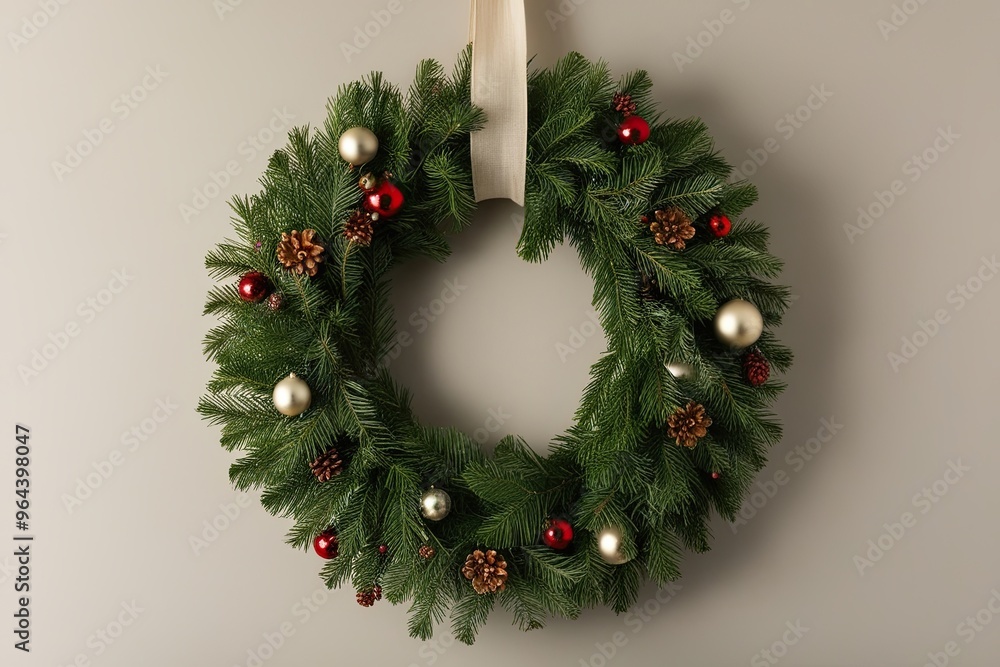 Elegant Holiday Wreath Displayed Against a Neutral Background Elegant Holiday Wreath Displayed Against a Neutral Background