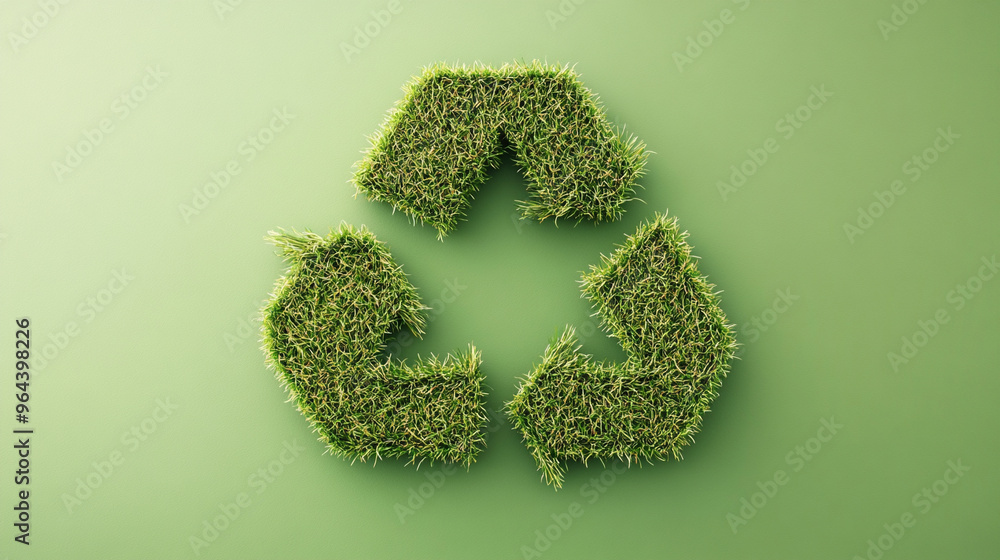 Recycling symbol made from grass, icon, realistic, with a light green shaded background, bright colo Recycling symbol made from grass, icon, realistic, with a light green shaded background, bright colo