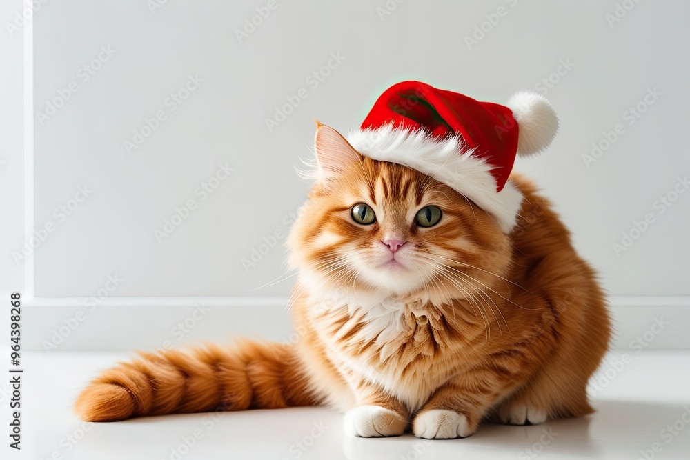 Fluffy Ginger Cat with Green Eyes and Pink Nose in Santa Hat Sitting against White Background Fluffy Ginger Cat with Green Eyes and Pink Nose in Santa Hat Sitting against White Background