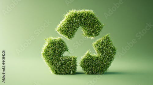 Recycling symbol made from grass, icon, realistic, with a light green shaded background, bright colo