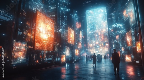 Futuristic Cityscape with Glowing Screens