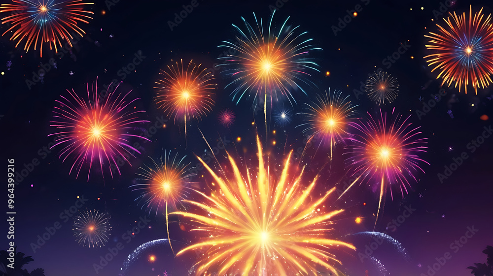 A background of vibrant fireworks illuminating the sky in bold colors, with floating bokeh circles, representing the festivity of Dusshera A background of vibrant fireworks illuminating the sky in bold colors, with floating bokeh circles, representing the festivity of Dusshera