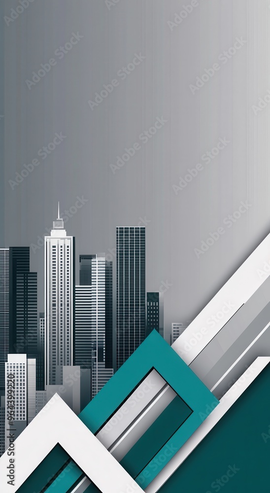 Modern city skyline with geometric teal and white arrow patterns on a textured gray background conveying urban growth Modern city skyline with geometric teal and white arrow patterns on a textured gray background conveying urban growth