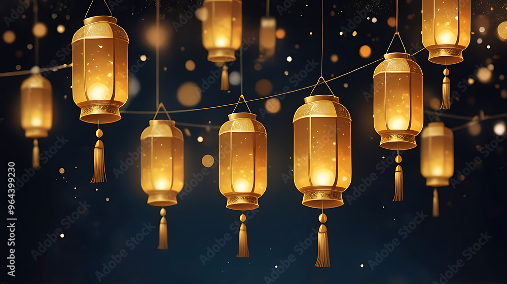 A festive bokeh background featuring abstract floating lanterns and golden glowing orbs against a dark night sky, conveying warmth and festivity A festive bokeh background featuring abstract floating lanterns and golden glowing orbs against a dark night sky, conveying warmth and festivity