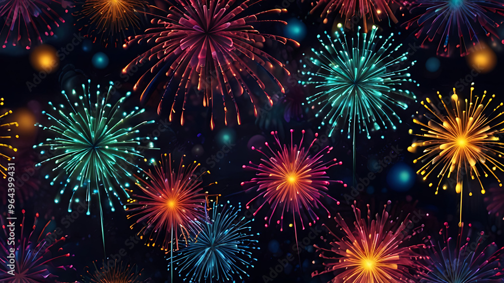 A background of vibrant fireworks illuminating the sky in bold colors, with floating bokeh circles, representing the festivity of Dusshera A background of vibrant fireworks illuminating the sky in bold colors, with floating bokeh circles, representing the festivity of Dusshera
