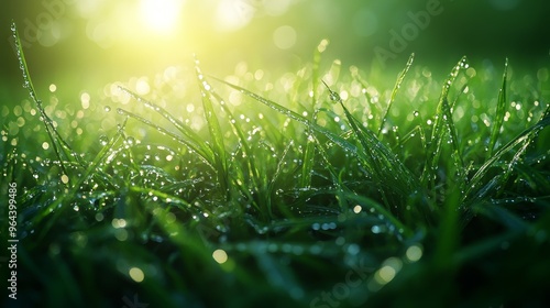 Morning dew on fresh green grass, symbolizing the freshness of a new start, 3D illustration