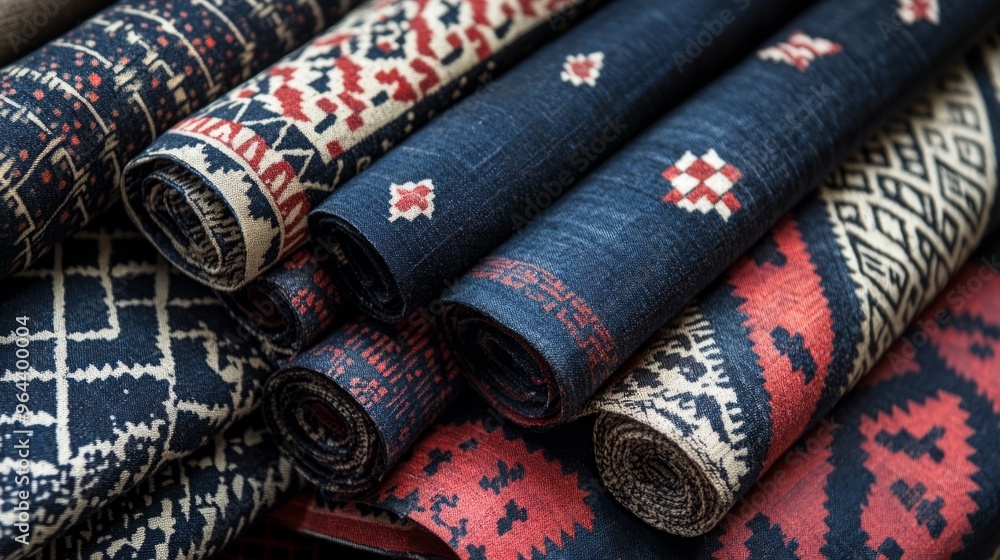 A close-up of several rolled-up pieces of fabric with intricate patterns in red, white, and blue. A close-up of several rolled-up pieces of fabric with intricate patterns in red, white, and blue.