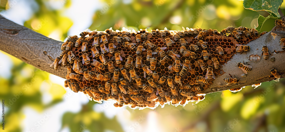 A large group of bees are clustered on a tree branch, creating a natural honeycomb structure. The sun shines through the bees and the leaves, creating a beautiful and intricate scene. A large group of bees are clustered on a tree branch, creating a natural honeycomb structure. The sun shines through the bees and the leaves, creating a beautiful and intricate scene.