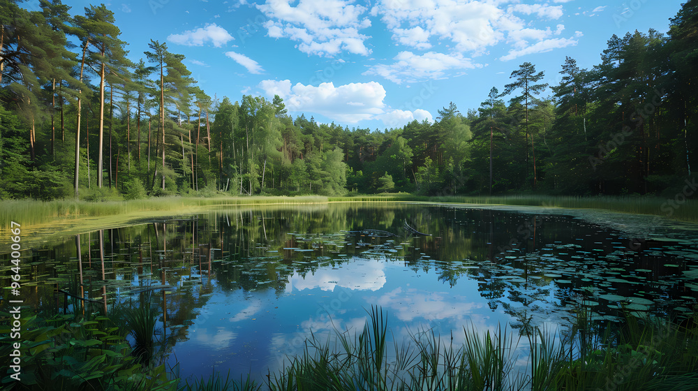 Obraz premium A summer landscape with a small lake in a forest