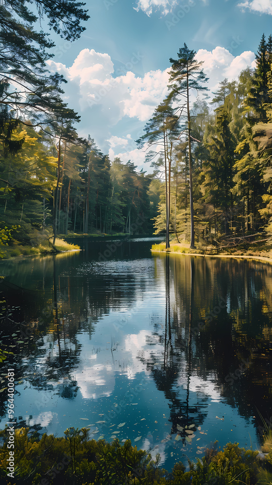 Fototapeta premium A summer landscape with a small lake in a forest