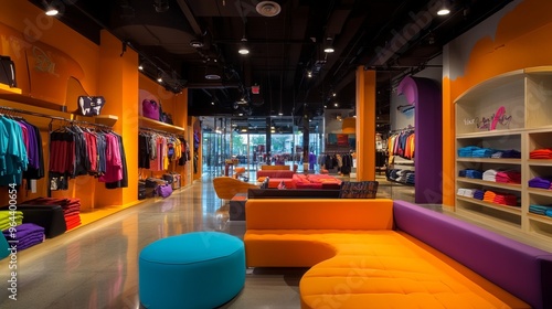 A modern, brightly colored retail store interior with a large orange couch.