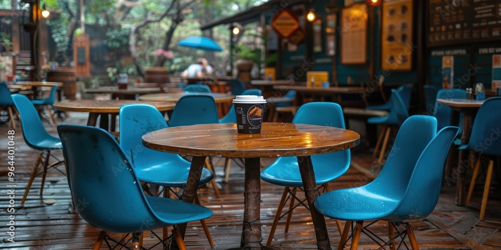 A charming outdoor cafe with a cozy ambiance features round wooden tables with blue chairs and a single cup of coffee in the foreground, set on a wet wooden deck under soft lighting A charming outdoor cafe with a cozy ambiance features round wooden tables with blue chairs and a single cup of coffee in the foreground, set on a wet wooden deck under soft lighting