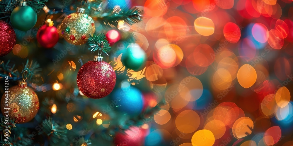 A beautifully decorated Christmas tree adorned with vibrant and glittery ornaments stands out against a backdrop of warm and colorful bokeh lights A beautifully decorated Christmas tree adorned with vibrant and glittery ornaments stands out against a backdrop of warm and colorful bokeh lights