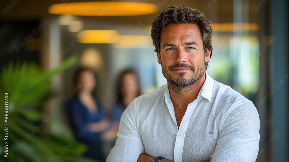 Portrait of a confident businessman with folded arms standing indoors in an office setting with colleagues in the blurred background Portrait of a confident businessman with folded arms standing indoors in an office setting with colleagues in the blurred background