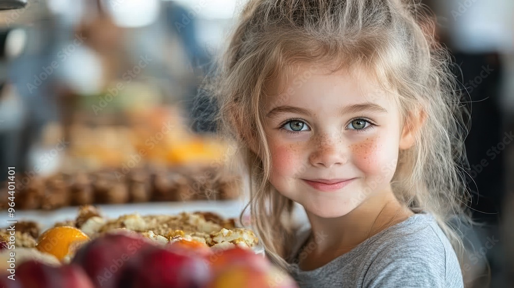 A charming young girl with beautiful green eyes and light blonde hair smiles cheerfully, standing in front of a colorful and inviting food stall A charming young girl with beautiful green eyes and light blonde hair smiles cheerfully, standing in front of a colorful and inviting food stall