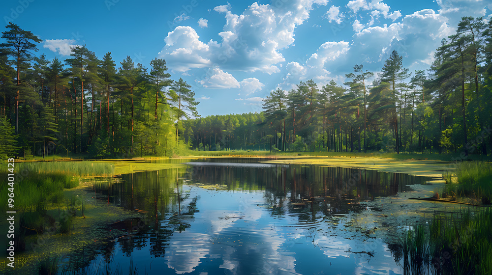 Obraz premium A summer landscape with a small lake in a forest