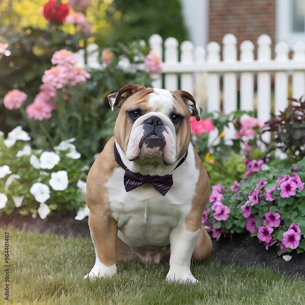 A charming bulldog wearing a stylish bow tie, posing proudly in front of a well-manicured garden A charming bulldog wearing a stylish bow tie, posing proudly in front of a well-manicured garden