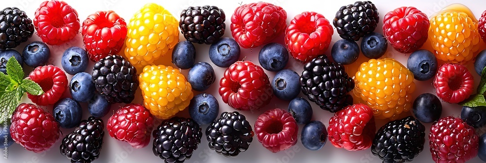 A close up of a variety of fresh berries, including raspberries, blackberries, blueberries, and yellow raspberries. A close up of a variety of fresh berries, including raspberries, blackberries, blueberries, and yellow raspberries.