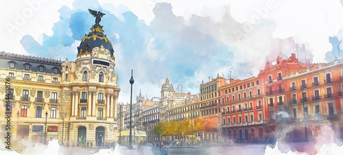 Watercolor Painting of Madrid Spain City Skyline on white background 