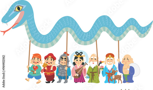 年賀状素材イラスト　巳年　七福神
