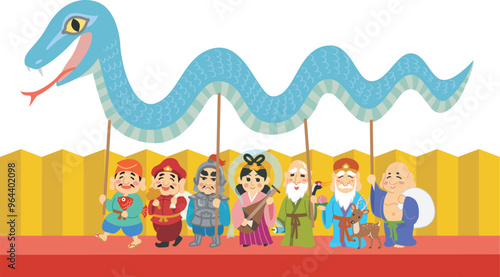 年賀状素材イラスト　巳年　七福神　金屏風　