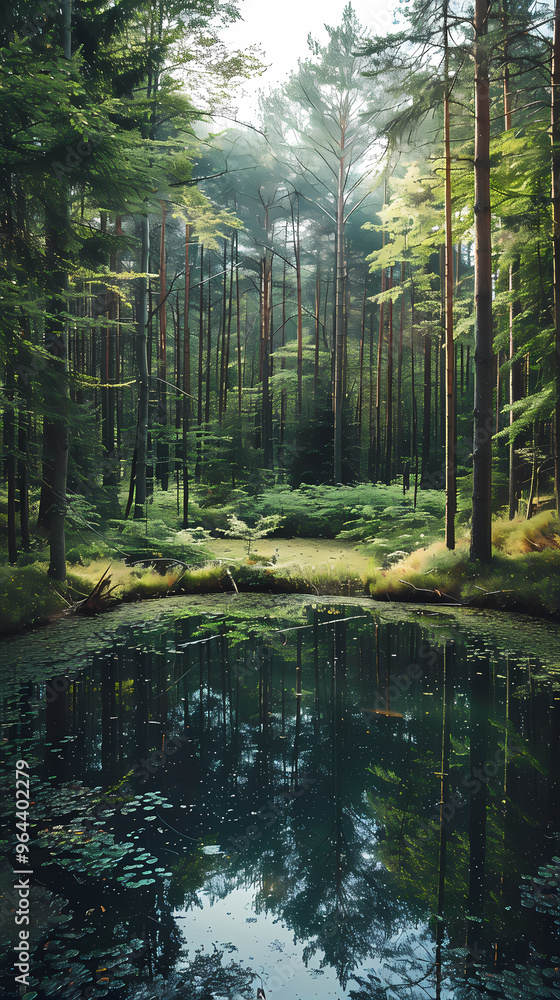 Obraz premium A summer landscape with a small lake in a forest