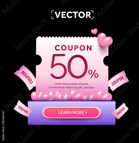 3d valentine coupon in a gift box, with many pink heart bubbles, flying gift vouchers isolated on dark background. Giveaway coupon code popup banner template. 3d vector illustration. Vector