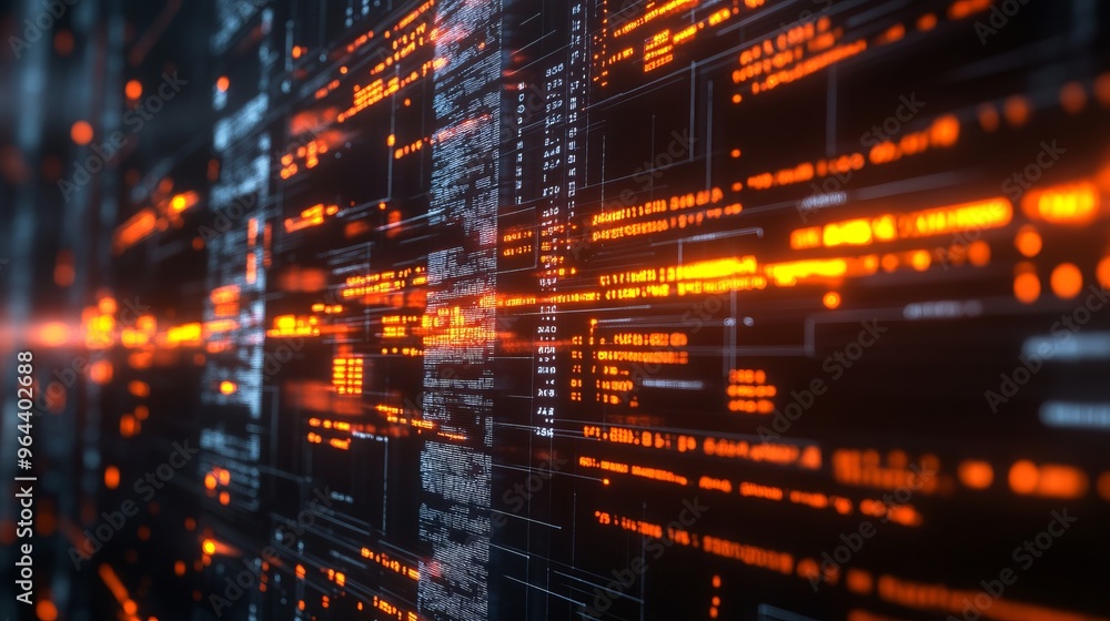 Abstract digital data on screen with orange and white glow. Abstract digital data on screen with orange and white glow.