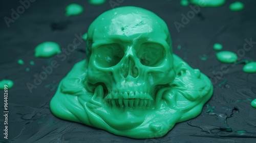 Creepy Oobleck Skull Formation, a dark and eerie scene showcases a skull-shaped mass of oobleck, emphasizing its unsettling texture and the mysterious allure of non-Newtonian fluid. photo