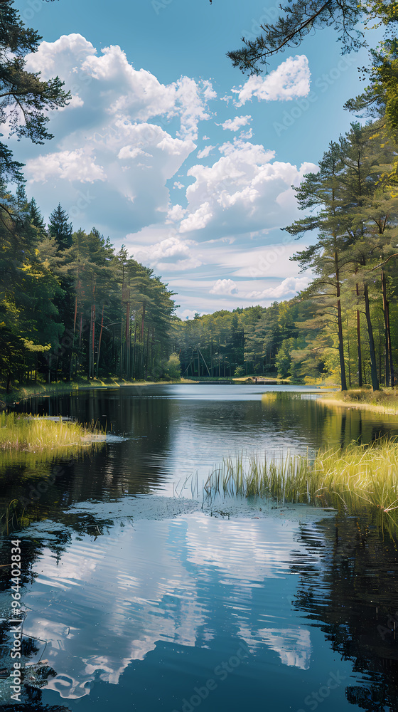 Fototapeta premium A summer landscape with a small lake in a forest