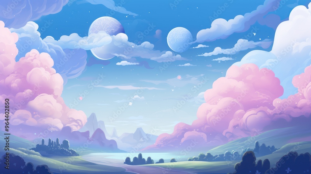 Fototapeta premium Serene Cartoon Cloudscape - Soft Pastel Clouds and Blue Sky Illustration