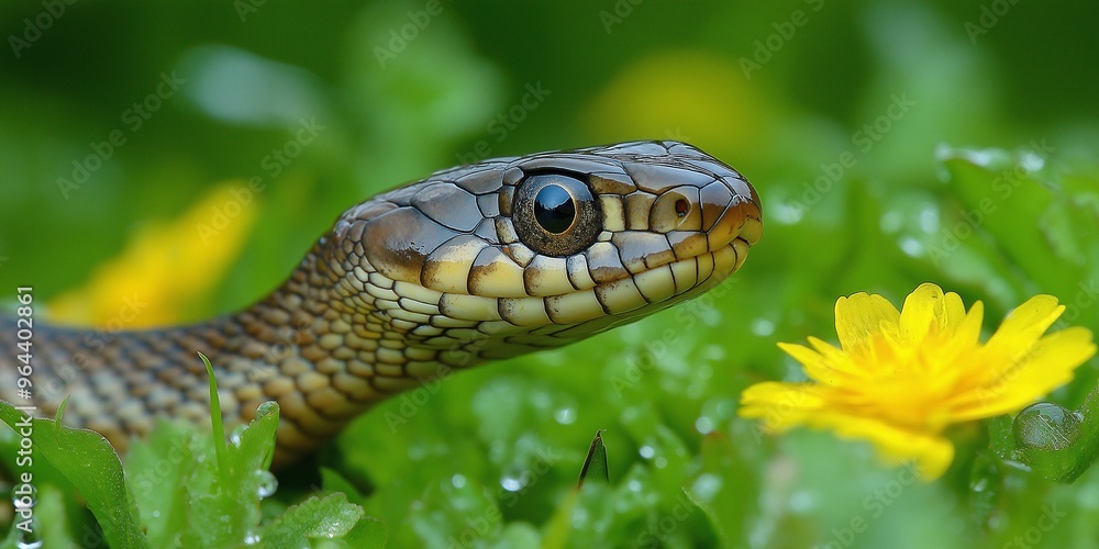 A close-up of a snake's head slithering through green grass and yellow flowers, showing its scales and alert eyes A close-up of a snake's head slithering through green grass and yellow flowers, showing its scales and alert eyes