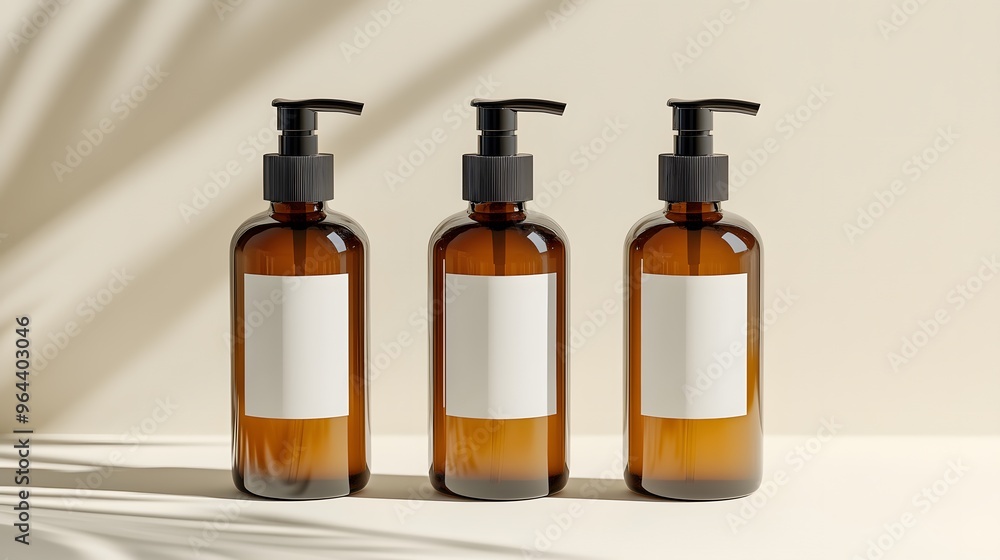 Three amber glass pump bottles, white labels with copy space for text, black dispenser tops, cosmetic product packaging, minimalist design, neutral background, skincare product showcase. Three amber glass pump bottles, white labels with copy space for text, black dispenser tops, cosmetic product packaging, minimalist design, neutral background, skincare product showcase.