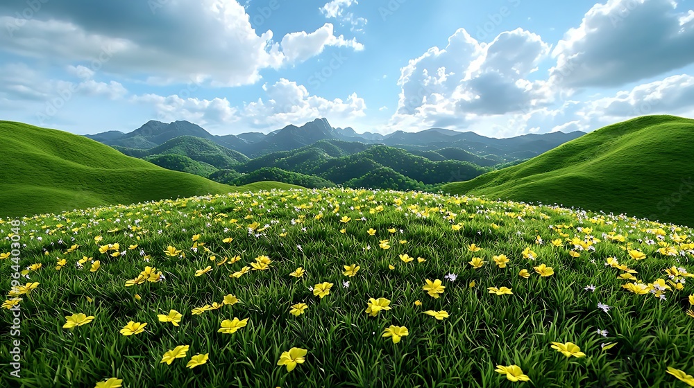Fototapeta premium Yellow flowers brighten a sunny meadow, framed by the majestic backdrop of distant mountains.