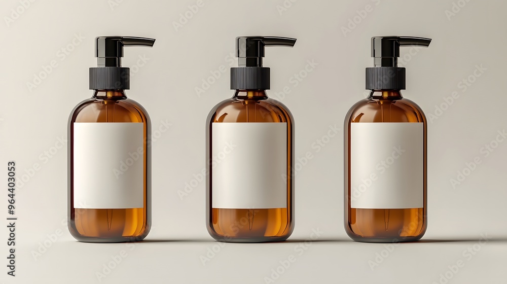 Three amber glass pump bottles, white labels with copy space for text, black dispenser tops, cosmetic product packaging, minimalist design, neutral background, skincare product showcase. Three amber glass pump bottles, white labels with copy space for text, black dispenser tops, cosmetic product packaging, minimalist design, neutral background, skincare product showcase.