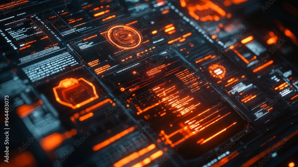 Abstract digital interface with glowing orange lines and data. Abstract digital interface with glowing orange lines and data.