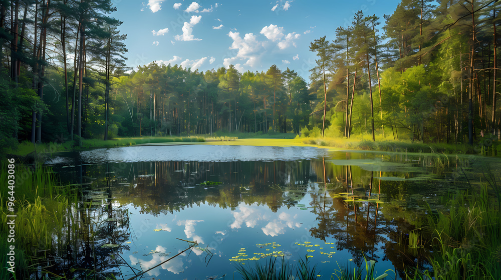 Fototapeta premium A summer landscape with a small lake in a forest