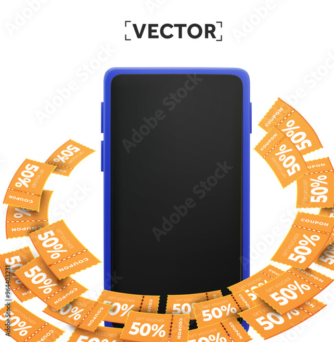 3d ring of coupons flying around a smartphone with blank screen, isolated on white background. Mobile app gift voucher giveaway banner template. 3d vector illustration. Vector illustration