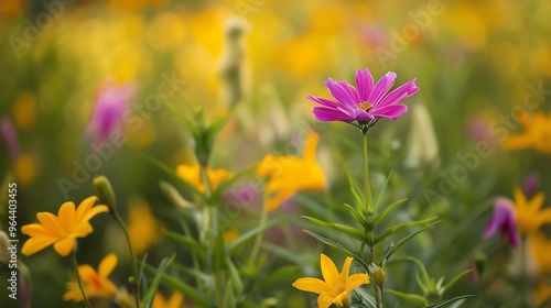 A single pink flower in a field of yellow flowers.