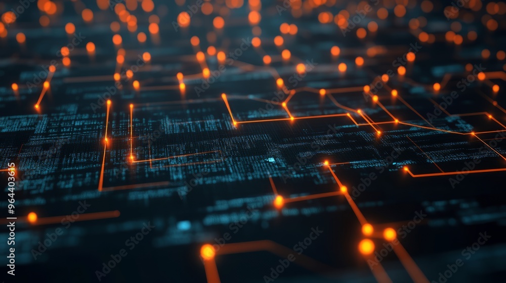 Abstract digital network with orange glowing lines and nodes on a dark blue background. Abstract digital network with orange glowing lines and nodes on a dark blue background.