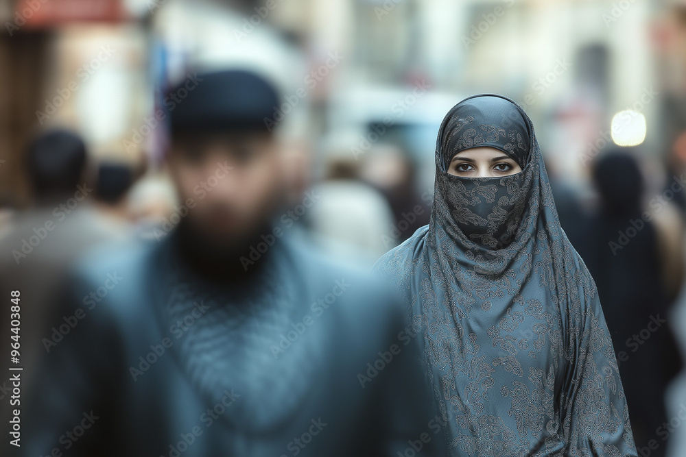 Muslim refugees in Great Britain, Muslim woman in niqab, in burqa in European country, generative AI