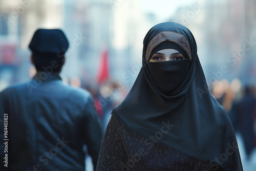 Muslim refugees in Great Britain, Muslim woman in niqab, in burqa in European country, generative AI