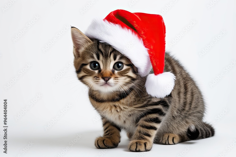 Curious Playful Tabby Kitten Wearing Colorful Santa Hat on Clean White Background Curious Playful Tabby Kitten Wearing Colorful Santa Hat on Clean White Background