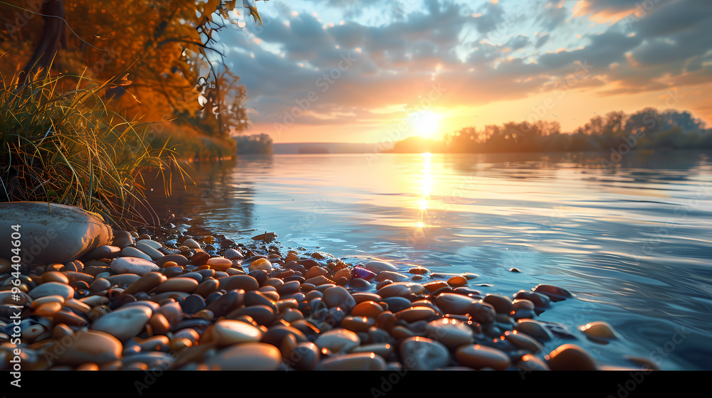 Obraz premium A sunset along the river coast. Smooth water at river.