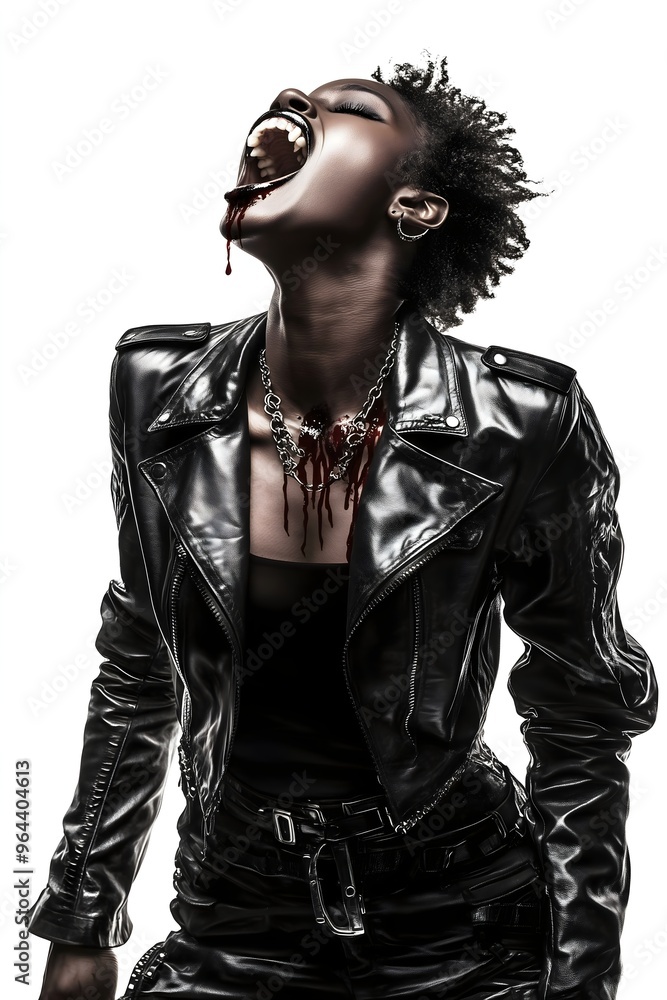Fierce Vampire Woman in Black Leather Jacket - Gothic Halloween Character with Fangs and Blood, Screaming in Dark Horror Aesthetic Fierce Vampire Woman in Black Leather Jacket - Gothic Halloween Character with Fangs and Blood, Screaming in Dark Horror Aesthetic