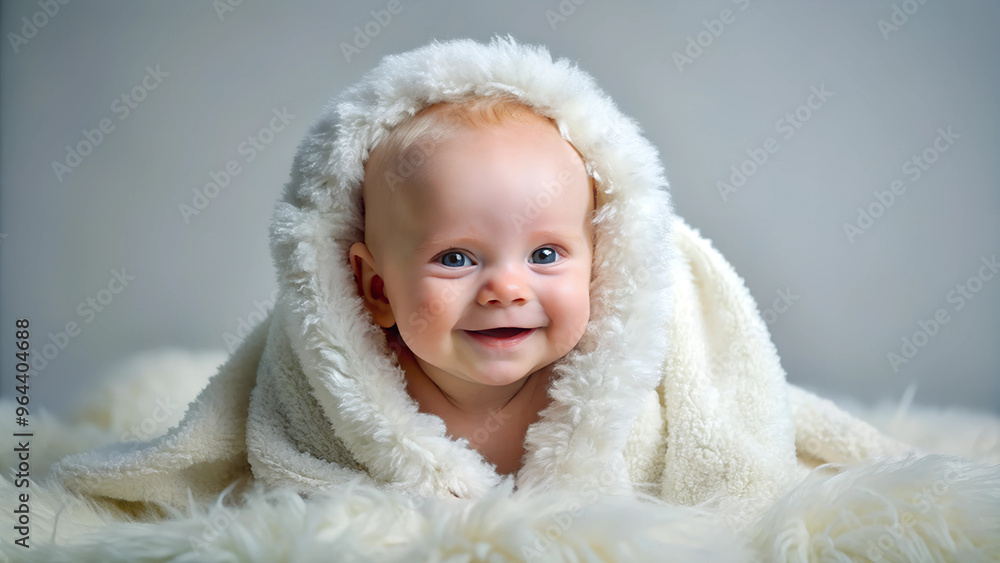 Portrait of a Smiling Baby Wrapped in White Furry Blanket. Portrait of a Smiling Baby Wrapped in White Furry Blanket.