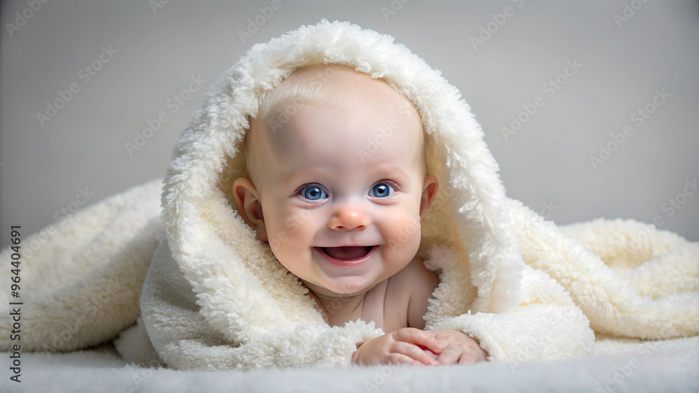 Portrait of a Smiling Baby Wrapped in White Furry Blanket. Portrait of a Smiling Baby Wrapped in White Furry Blanket.