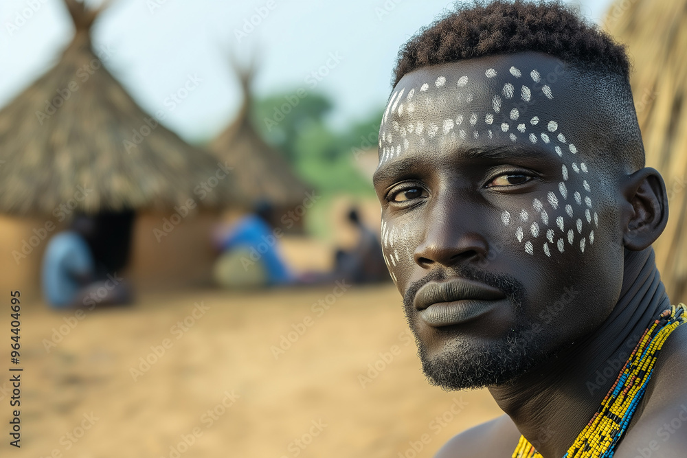 handsome black man from an African tribe against the background of small African huts from an African village and other members of the tribe, generative AI handsome black man from an African tribe against the background of small African huts from an African village and other members of the tribe, generative AI